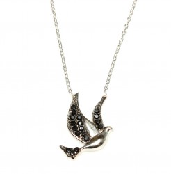 925 Sterling Silver Peace Dove Necklace with Black Cz - Nusrettaki