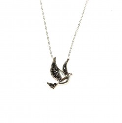 925 Sterling Silver Peace Dove Necklace with Black Cz - Nusrettaki (1)