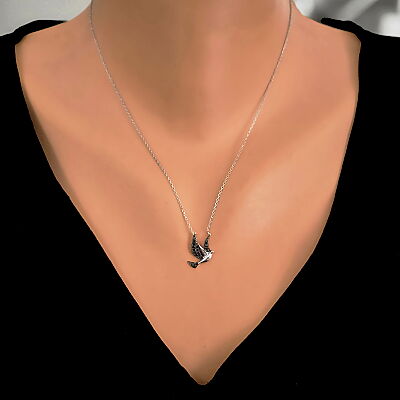925 Sterling Silver Peace Dove Necklace with Black Cz - 1