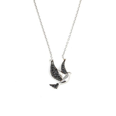 925 Sterling Silver Peace Dove Necklace with Black Cz - 2
