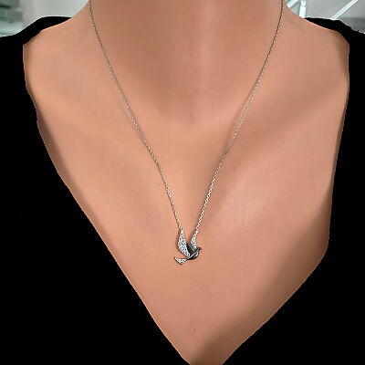 925 Sterling Silver Peace Dove Necklace with White CZ - 1