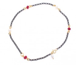 925 Sterling Silver Pearl-Ruby Anklet - Nusrettaki