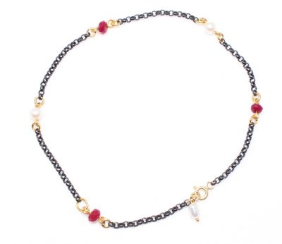925 Sterling Silver Pearl-Ruby Anklet - 1