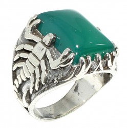 925 Sterling Silver Rectangle Green Agate Stone Scorpions Men Ring - Nusrettaki (1)