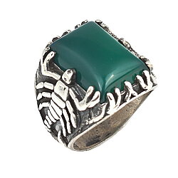 925 Sterling Silver Rectangle Green Agate Stone Scorpions Men Ring - Nusrettaki (1)