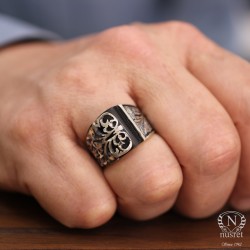 925 Sterling Silver Rectangle Onyx Stone Handmade Handcarved Men Ring - Nusrettaki