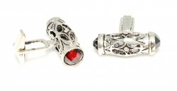 925 Sterling Silver Red Color Stone Cylinder Model Cufflink - Nusrettaki