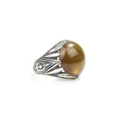 925 Sterling Silver Ring Green Color Amber Stone, Man Ring - 2