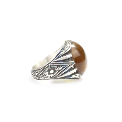 925 Sterling Silver Ring Green Color Amber Stone, Man Ring - 3