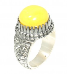 925 Sterling Silver Rose Design Handcarved Men Ring with Amber - Nusrettaki (1)