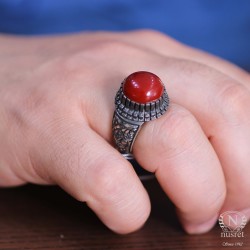 925 Sterling Silver Rose Design Handcarved Men Ring with Amber - Nusrettaki