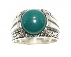 925 Sterling Silver Round Green Agat Men Ring - 3