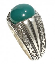 925 Sterling Silver Round Green Agat Men Ring - 2