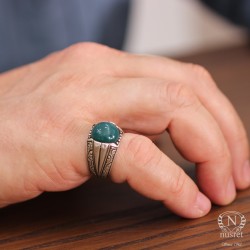 925 Sterling Silver Round Green Agat Men Ring - 4