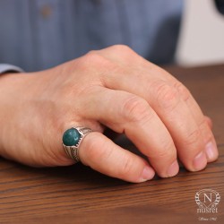 925 Sterling Silver Round Green Agat Men Ring - Nusrettaki