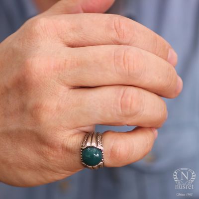 925 Sterling Silver Round Green Agat Men Ring - 5