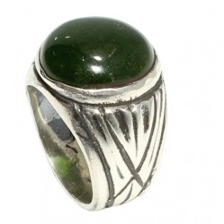 925 Sterling Silver Round Green Agate Men Ring - 1