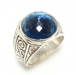 925 Sterling Silver Round Sapphire Stone Men Ring - 1