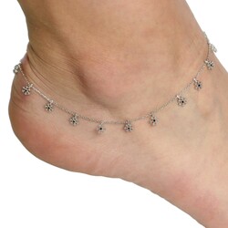 925 Sterling Silver Snowflake Anklet with Black Cz - Nusrettaki