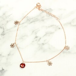 925 Sterling Silver Snowflake Anklet with Round Garnet - Nusrettaki (1)