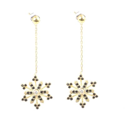 925 Sterling Silver Snowflake Design Chandelier Earrings, Gold Plated - 1
