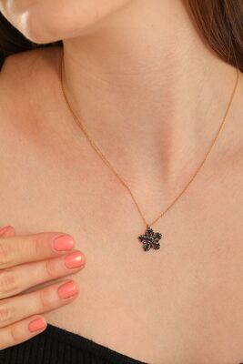 925 Sterling Silver Snowflake Necklace with Black Cz - 1