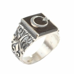 925 Sterling Silver Square Onyx & Star and Crescent Hand Carved Men Ring - Nusrettaki