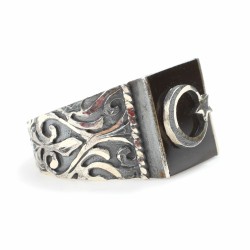 925 Sterling Silver Square Onyx & Star and Crescent Hand Carved Men Ring - Nusrettaki (1)