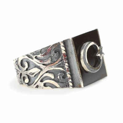 925 Sterling Silver Square Onyx & Star and Crescent Hand Carved Men Ring - 2