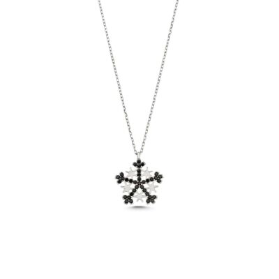 925 Sterling Silver Star Snowflake Necklace with Black CZ - 3