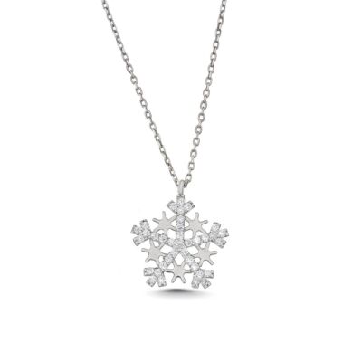 925 Sterling Silver Star Snowflake Necklace with Black Cz - 4