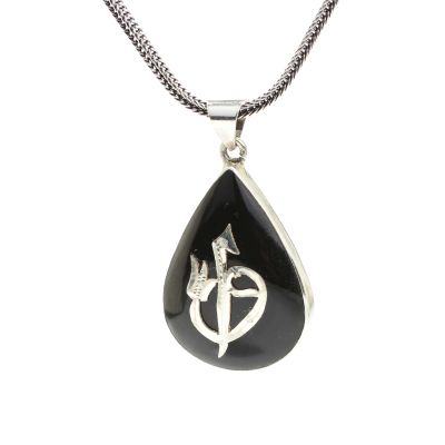 925 Sterling Silver Teardrop Elif Vav Necklace – Black Oltu Stone Islamic Pendant - 1