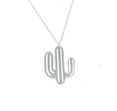 925 Sterling Silver Thick Wire Cactus Dainty Necklace, White Gold Plated - 5