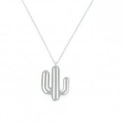 925 Sterling Silver Thick Wire Cactus Dainty Necklace, White Gold Plated - 6