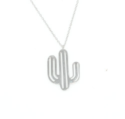 925 Sterling Silver Thick Wire Cactus Dainty Necklace, White Gold Plated - 1