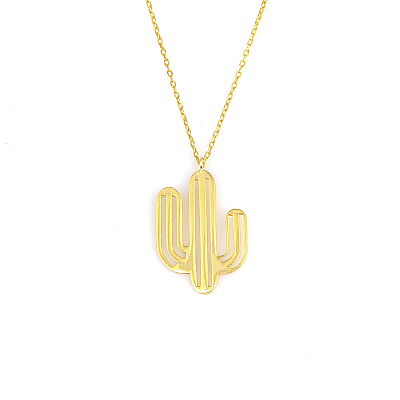 925 Sterling Silver Thick Wire Cactus Dainty Necklace, White Gold Plated - 2