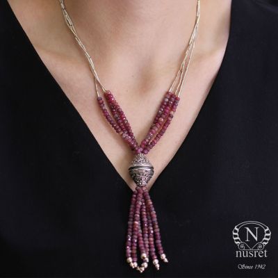 925 Sterling Silver Tube Necklace, Ruby Stone - 2
