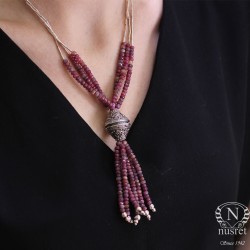 925 Sterling Silver Tube Necklace, Ruby Stone - Nusrettaki