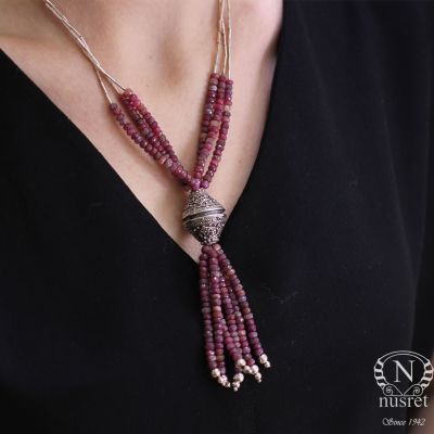 925 Sterling Silver Tube Necklace, Ruby Stone - 1