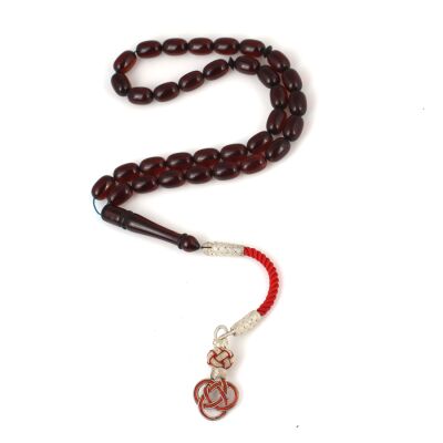 999 Ayar Gümüş Kapsül Kesim Bordo Renk Sıkma Kehribar Tesbih - 1