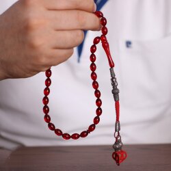 999 Ayar Gümüş Kırmızı Sıkma Kehribar Tesbih - Nusrettaki
