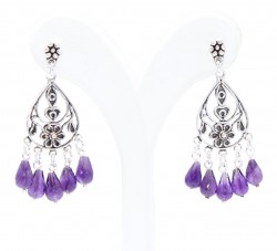 925 Silver Middle Flowered Dangle Filigree Earrings with Ametyhst - Nusrettaki (1)