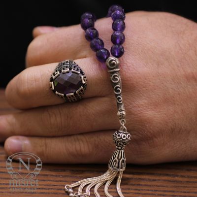 Silver Sphere Cutting Prayer Beads with Amethyst - 6