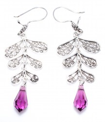 Leaf Design 925 Silver Dangle Filigree Earrings with Amethyst - Nusrettaki