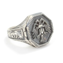  Anatolian Eagle & Hand Carved Design Silver Men's Ring - Nusrettaki
