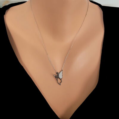 Flying Angel Model 925 Sterling Silver Necklace, Black - White Stone - 1