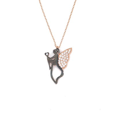 925 Silver Angel Necklace Pink Black Color - White Stone - 2