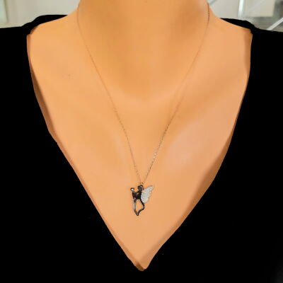 925 Silver Angel Necklace Pink Black Color - White Stone - 1