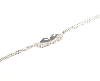 Angel Wings Black & White Sterling Silver Double Chain Dainty Bracelet, White - 1