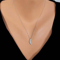 925 Ayar Gümüş Ay Kolye, Beyaz - Beyaz Taş - Nusrettaki